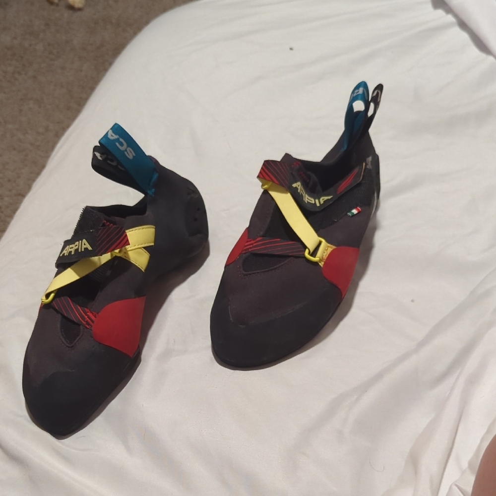 Scarpa Climbing Shoes with Red and Yellow Accents